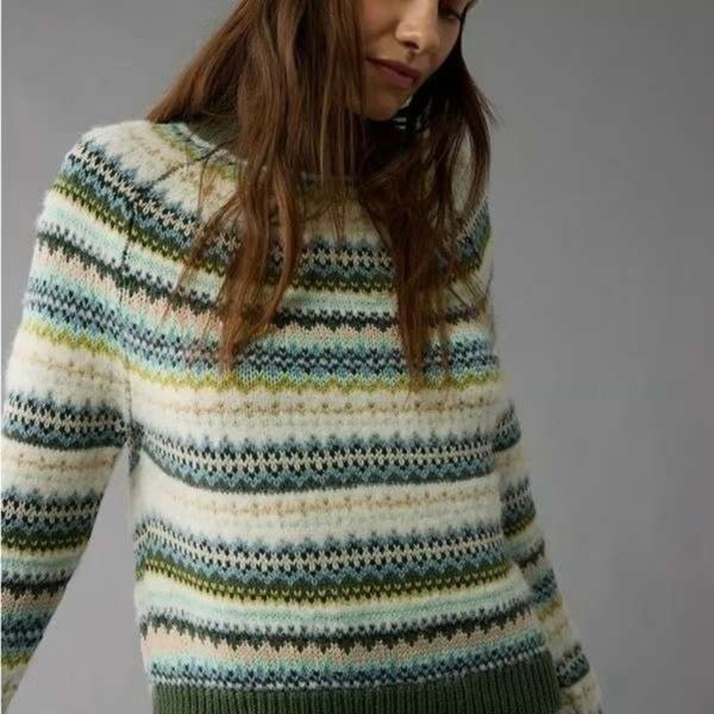 American Eagle Fair Isle Crew Neck Sweater Green‎ Multi Knit Pullover Medium